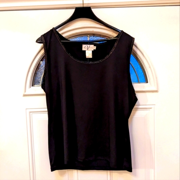 🆕Dressy Sleeveless Black Tank Top with Beaded Neck and Arm Lines - Picture 1 of 6